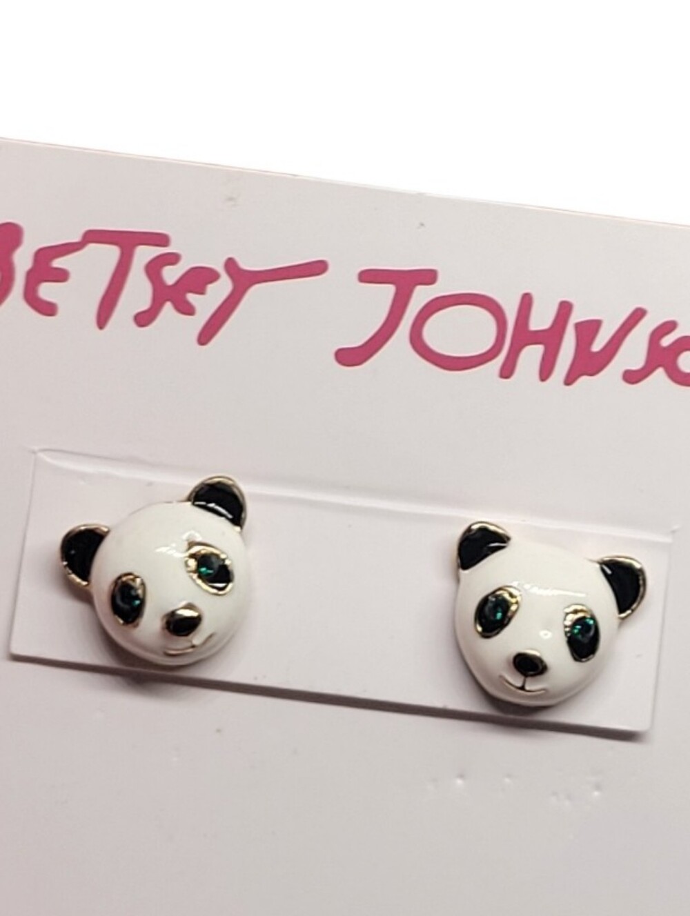 White & Black Panda Face Stud Earrings Green Rhinestones eyes Gold Tone Trendy